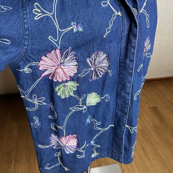 Vintage Denim Shirt Jacket Womens Medium Floral Beaded Embroidery - Picture 5 of 9